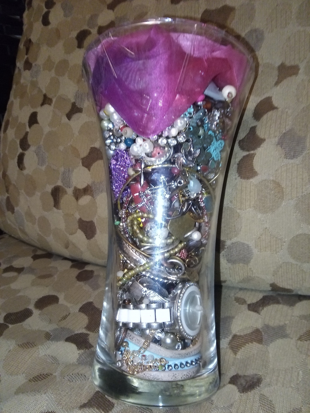 Clear Vase Filled with Colorful Costume Jewelry & Watch - Picture 2 of 5
